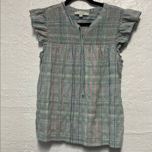 LOFT Mint Green Blue Flutter Sleeve Blouse with Ruffled Tie Smocked Front